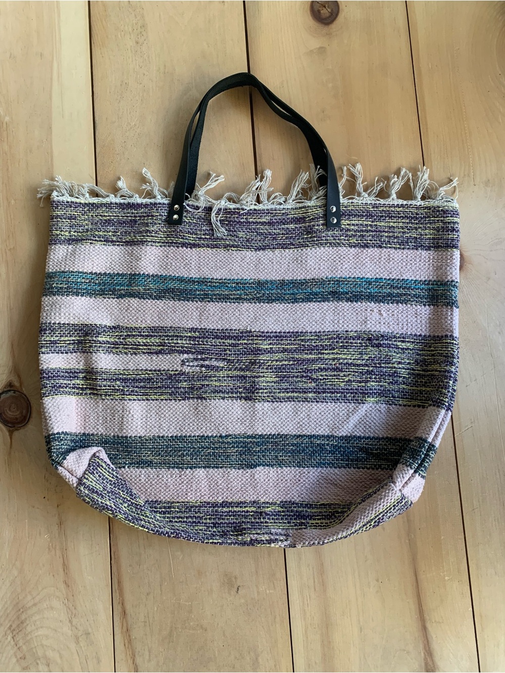 Woven Stripe Tote Bag in Pink and Teal